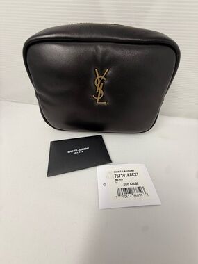Saint Laurent Black Leather YSL Logo Toiletry Pouch with Gold Hardware